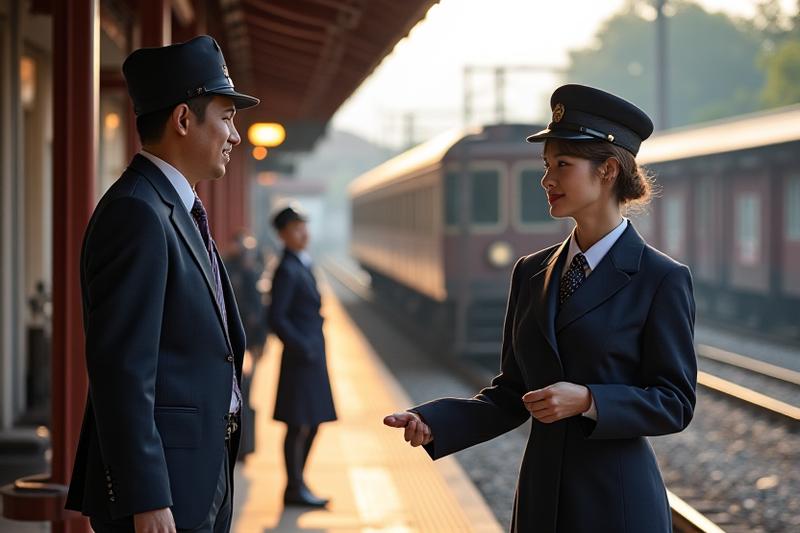 歴史的な駅で乗客を出迎える鉄道職員